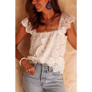 Boho White Crochet Crop Top – Size L | Pom Trim | New